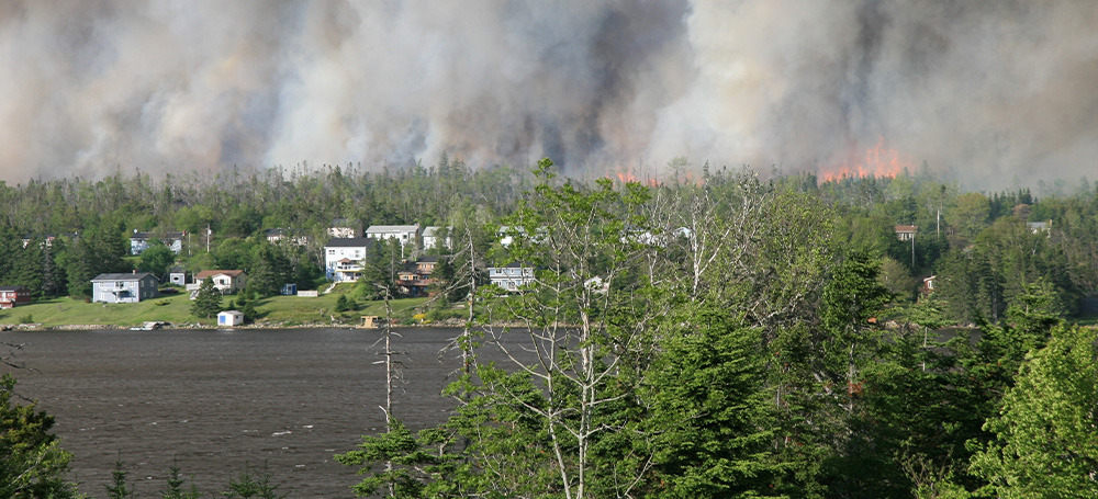 A wildfire burning in Nova Scotia, with smoke rising as the forest burns